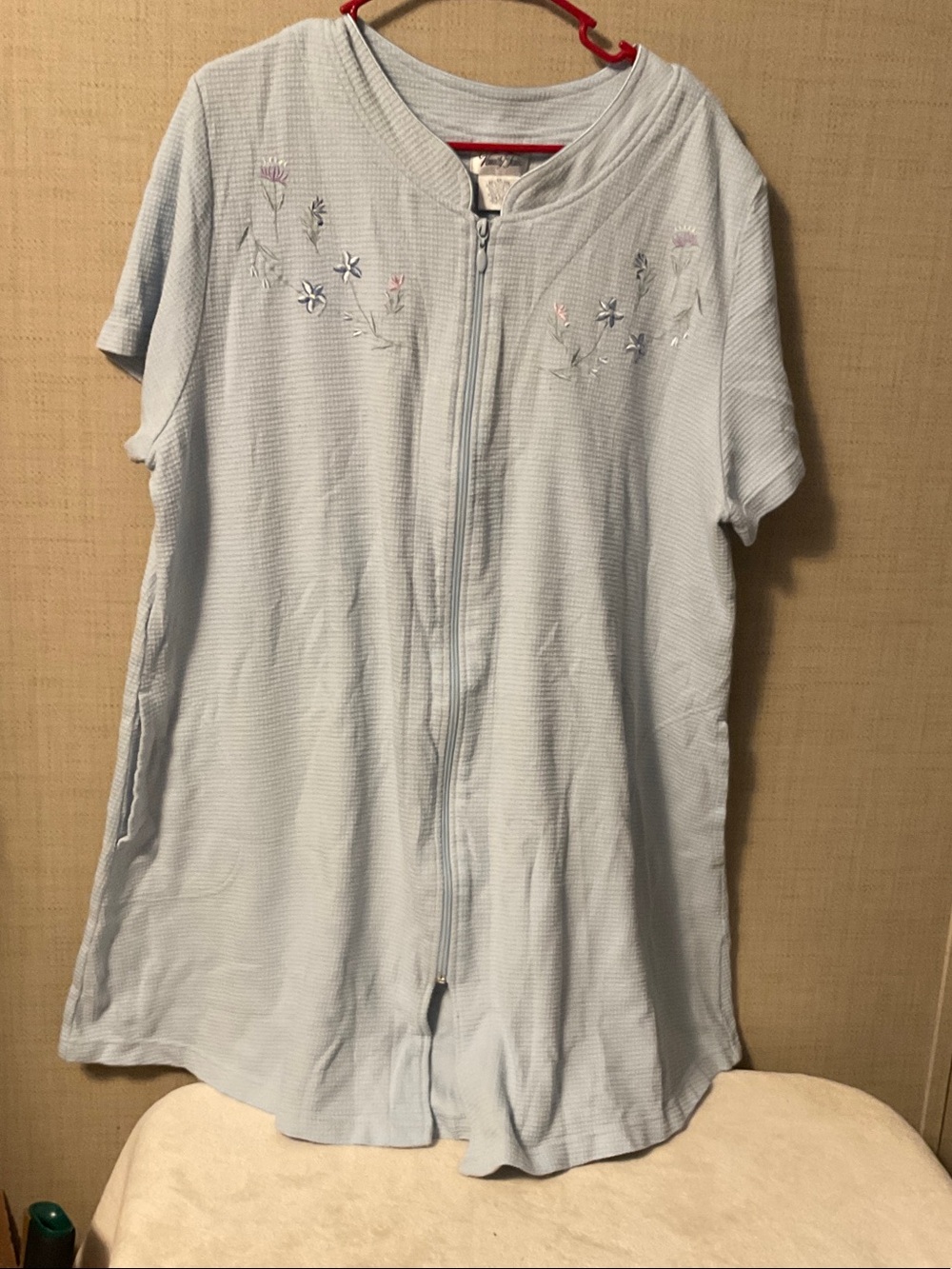 Vanity Fair Light Blue Short-Sleeve Zip-Front Top with Floral Embroidery